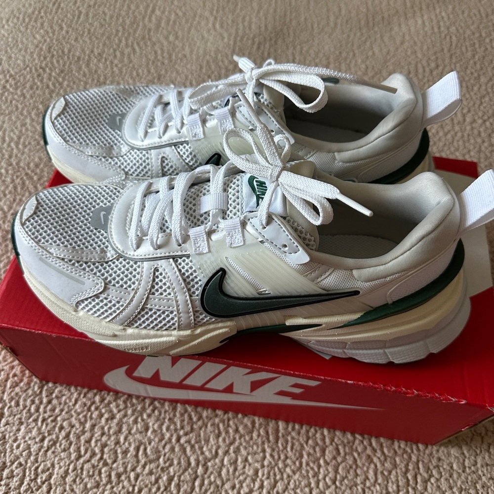 Nike V2K White and Dark Green Athletic Shoes